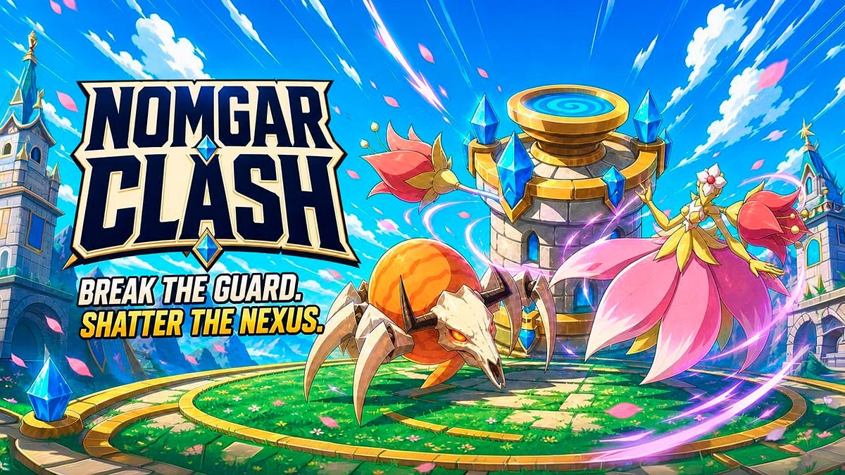 Arte oficial de Nomgar Clash com personagens e uma arena de batalha